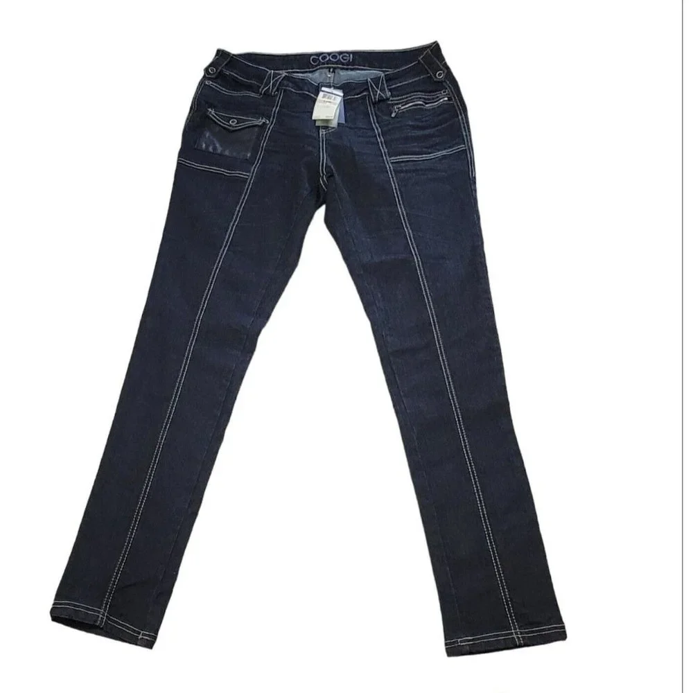 Coogi Women's Skinny Jeans Denim Faux Leather Pocket Blue Size 14W NEW with Tags